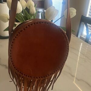 Fringed Round Leather Crossbody Bag - Brown